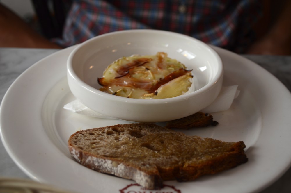 baked camembert with smoked bacon, apple and toasted sourdough
