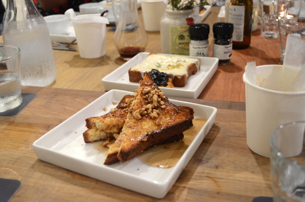 peanut butter and banana french toast, with toasted walnuts and maple syrup– $11.90