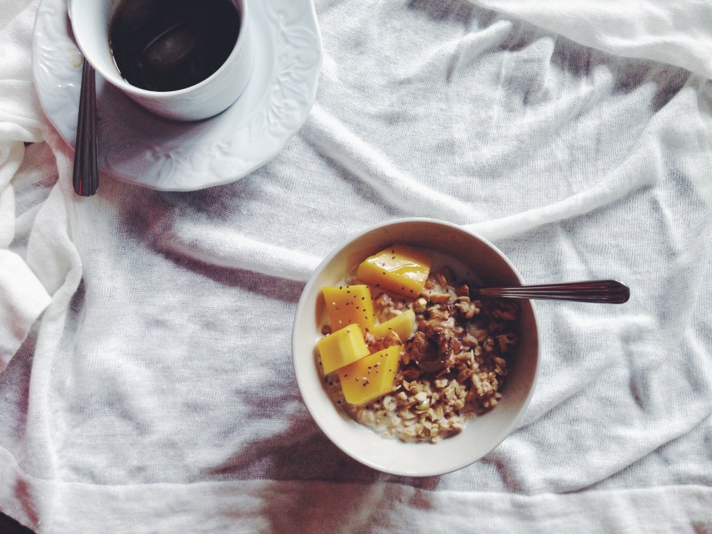 Mango and chia, topped with peanut butter, smothered in granola and lightly doused in whole milk