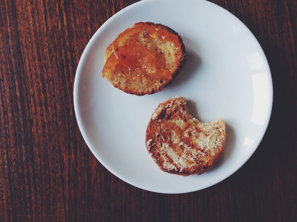 top: butter and marmalade bottom: almond butter, maple syrup, cinnamon and sea salt flakes